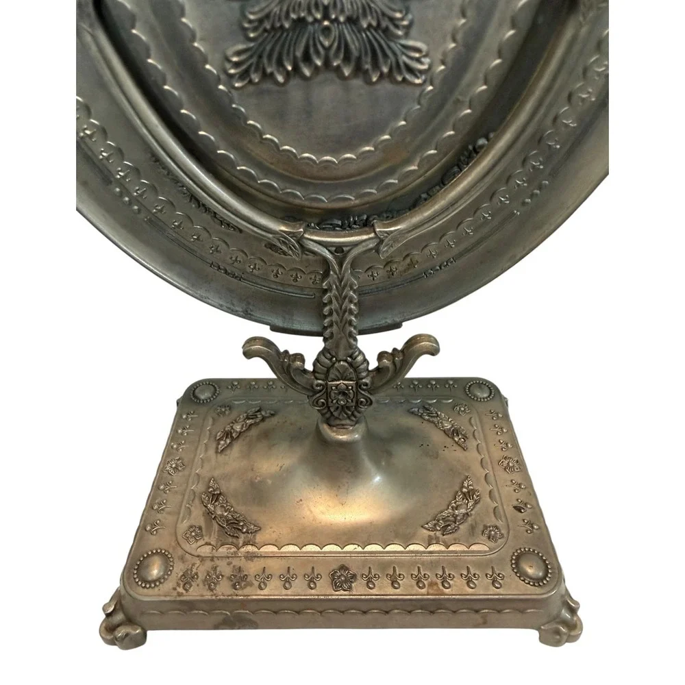 Miro Line Vintage Ornate Vanity Mirror Pewter Tone Swivel Tabletop Oval Mirror